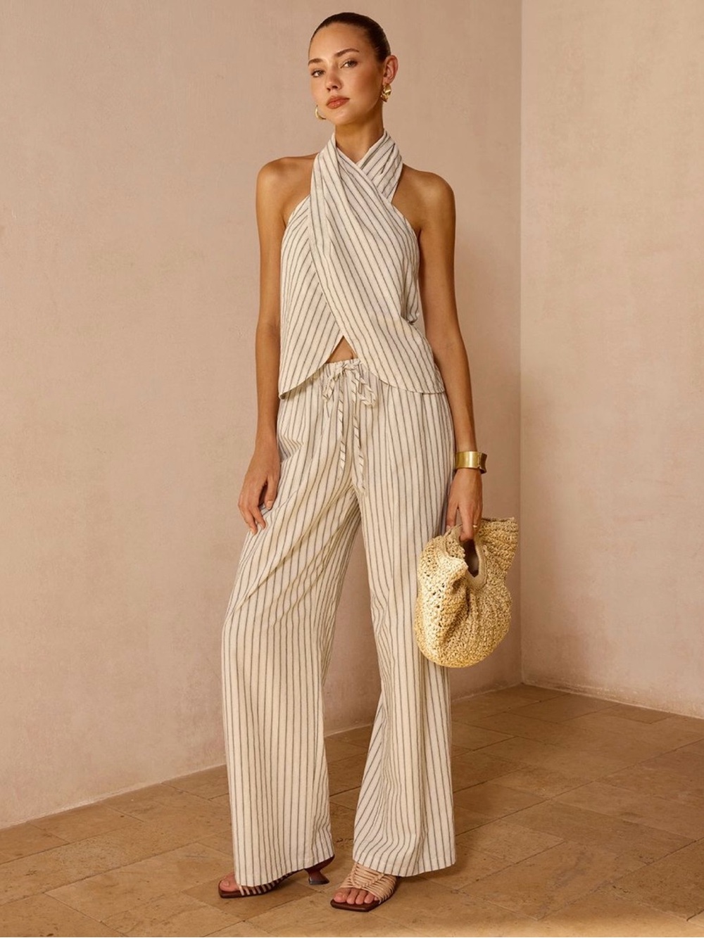 Commense Striped Cotton Linen Halter Top & Pants Set